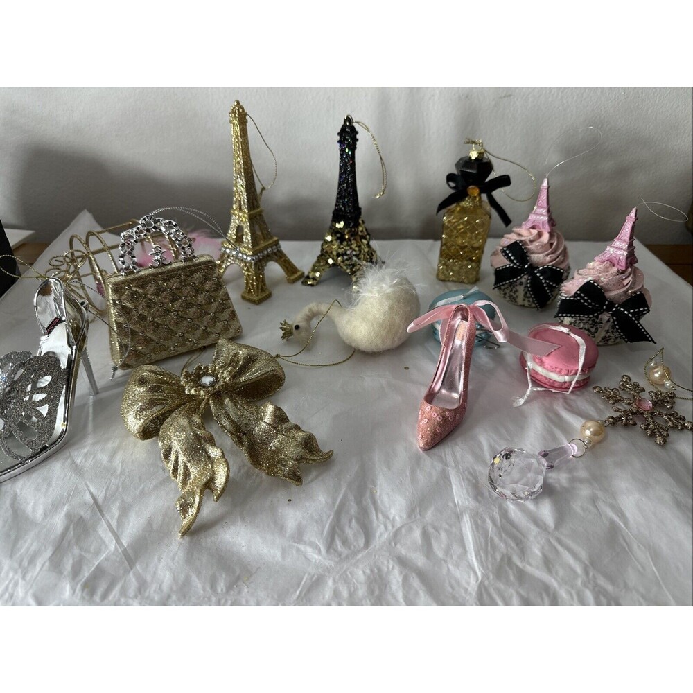Paris Themed Sparkling Christmas Ornaments,  Swan, Perfume, Cupcakes, Lot Of 14